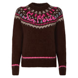 Woman brown crewneck nordic jacquard sweater