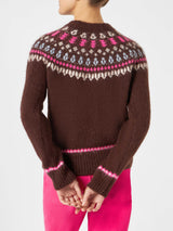 Woman brown crewneck nordic jacquard sweater