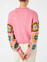 Woman ultra soft crewneck sweater with handmade crochet sleeves