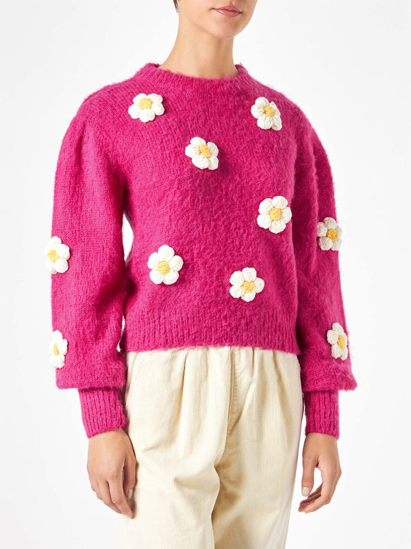 Woman brushed sweater with crochet flowers appliqués