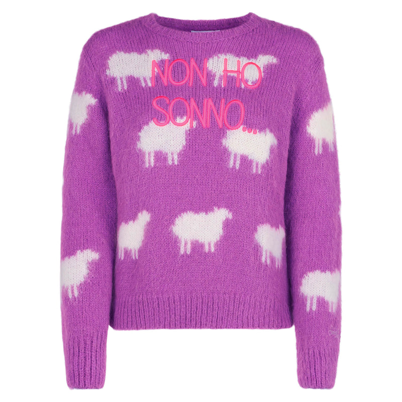 Woman brushed sweater with sheeps and Non ho sonno embroidery