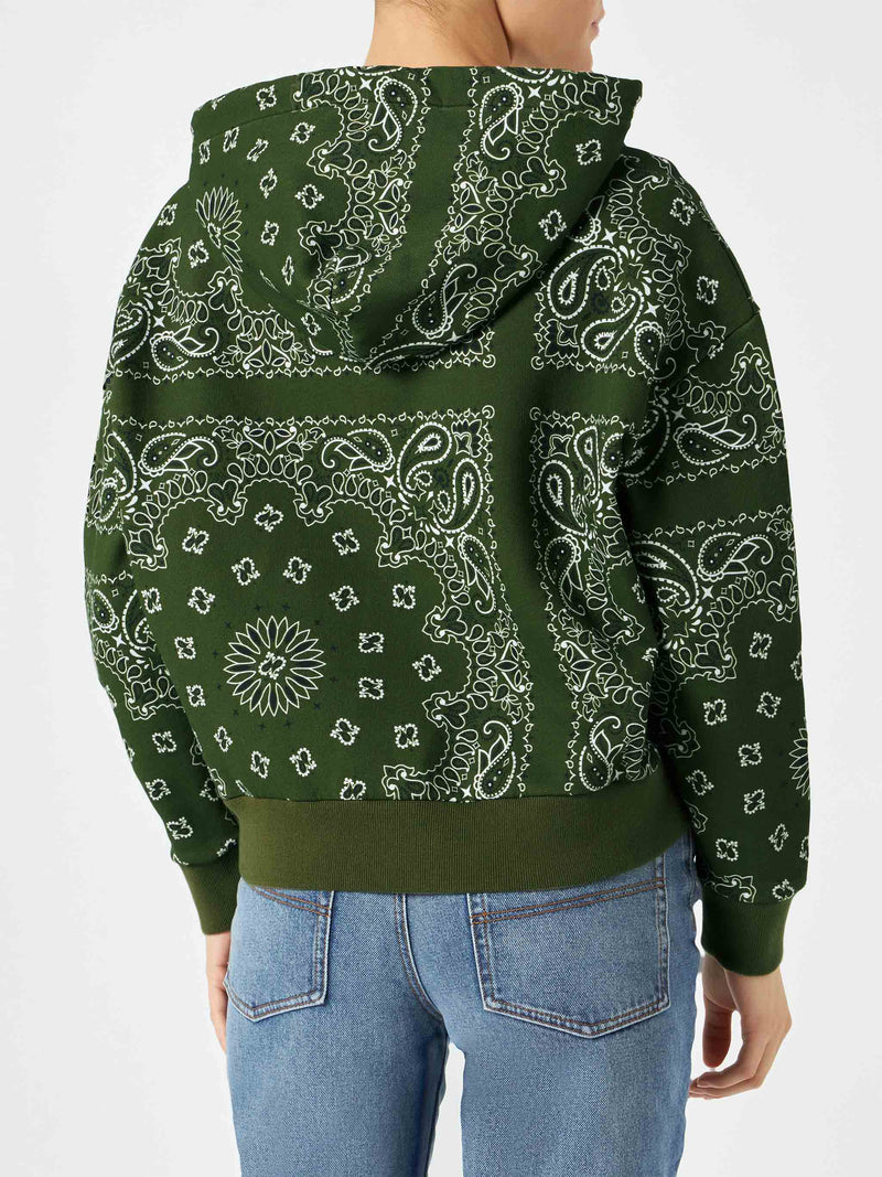 Woman hooded fleece sweatshirt with bandanna print