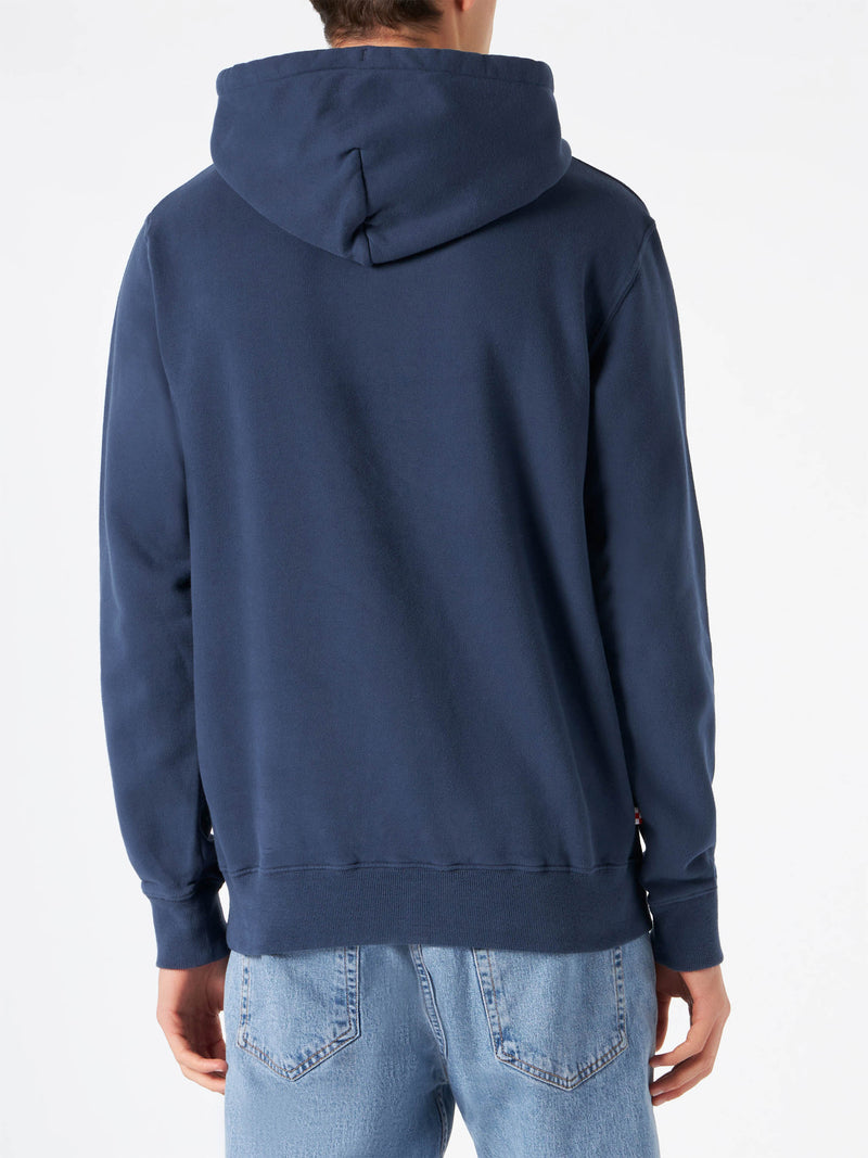Man navy blue hooded sweatshirt with print