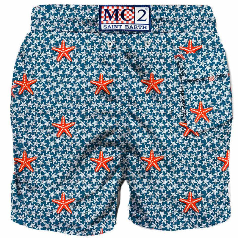 Man light fabric swim shorts with starfishes embroidery