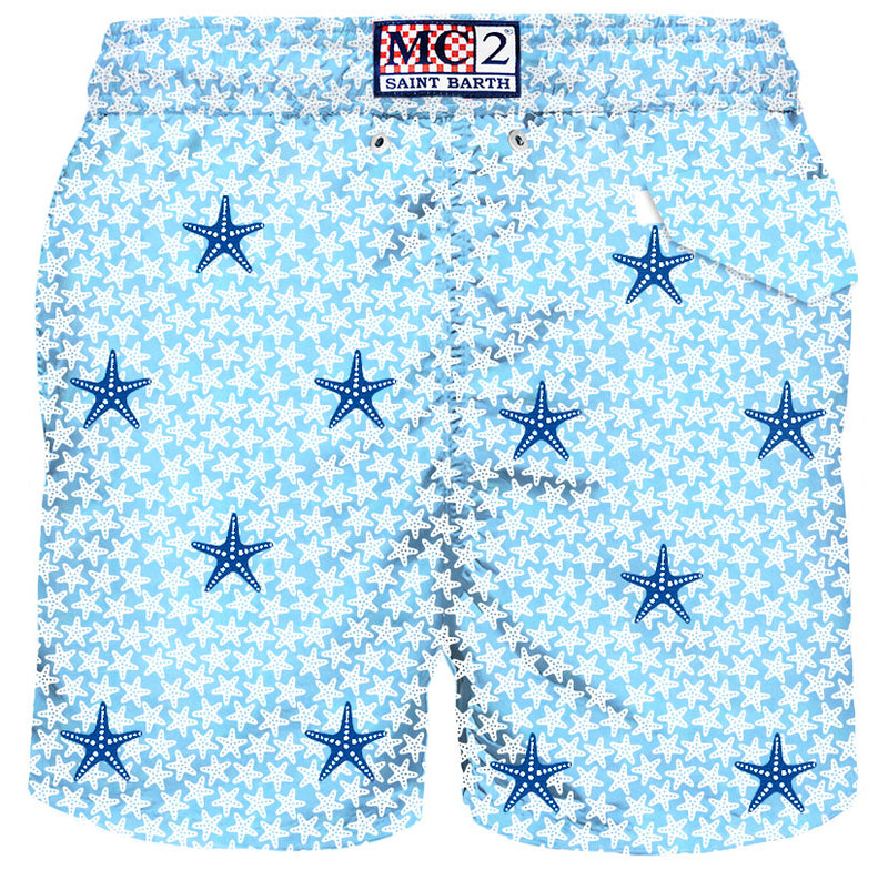 Man light fabric swim shorts with stars embroidery
