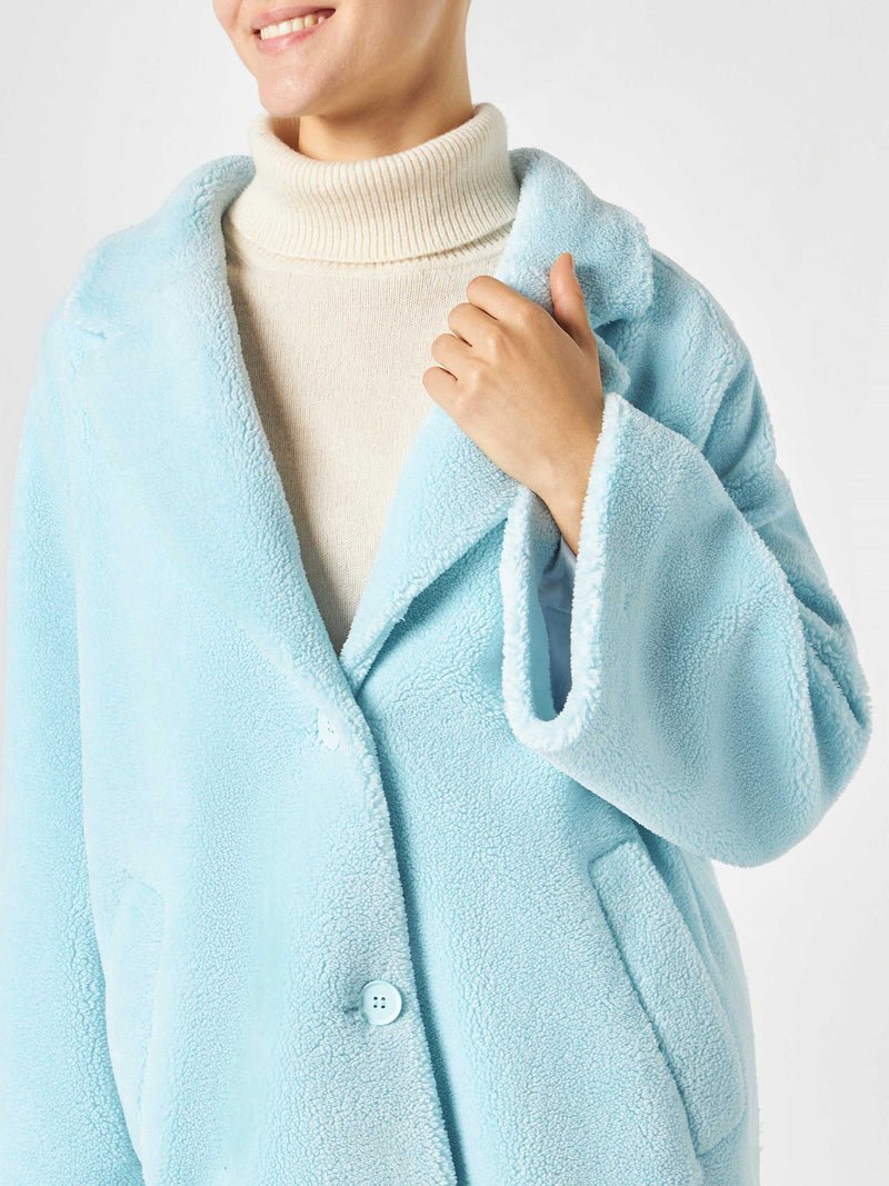 Cappotto donna in tessuto teddy azzurro