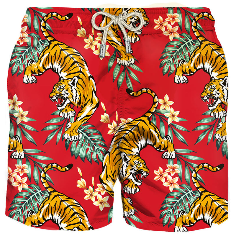 Man light fabric swim shorts with tiger print