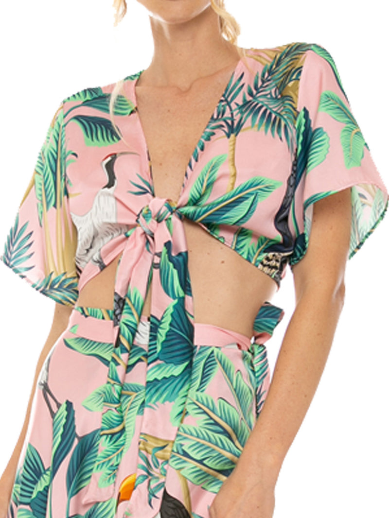 Tropical jungle print - Opened v-neck blouse