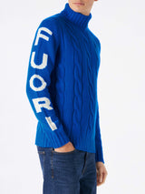 Man turtleneck braided sweater with Fuori pista print