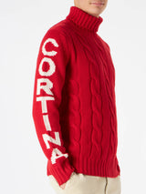 Man turtleneck braided sweater with Cortina Ampezzo print