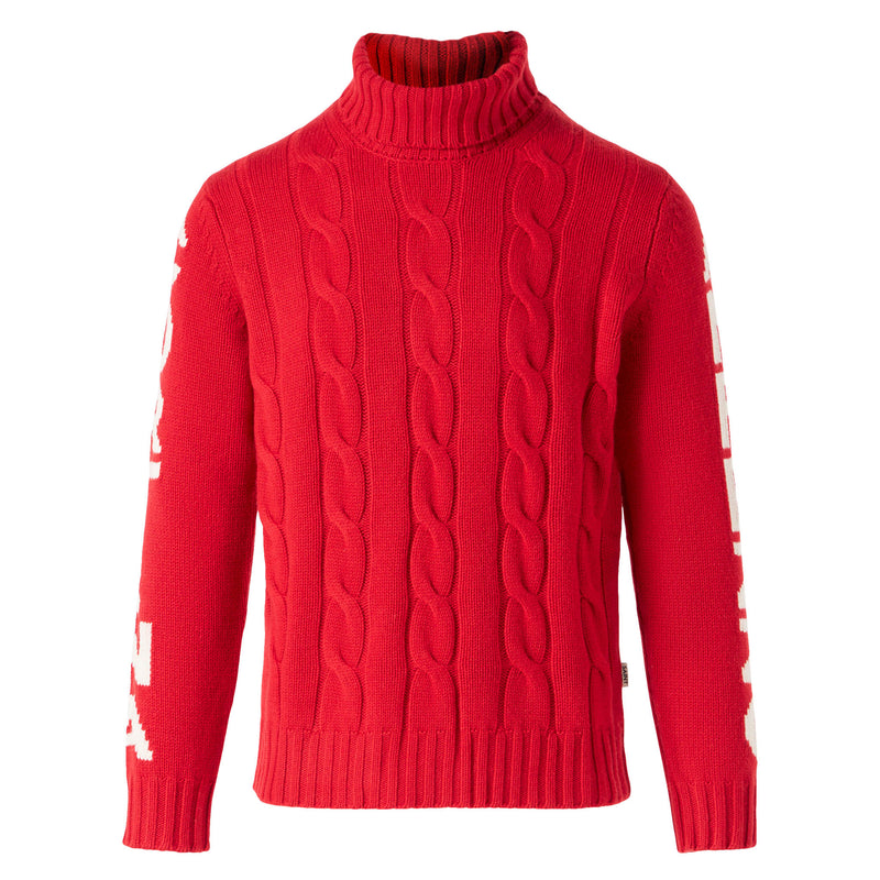 Man turtleneck braided sweater with Cortina Ampezzo print