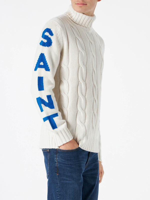 Man turtleneck braided sweater with Saint Moritz print