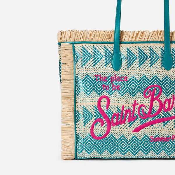 Vanity straw bag with embroidery and geometric pattern