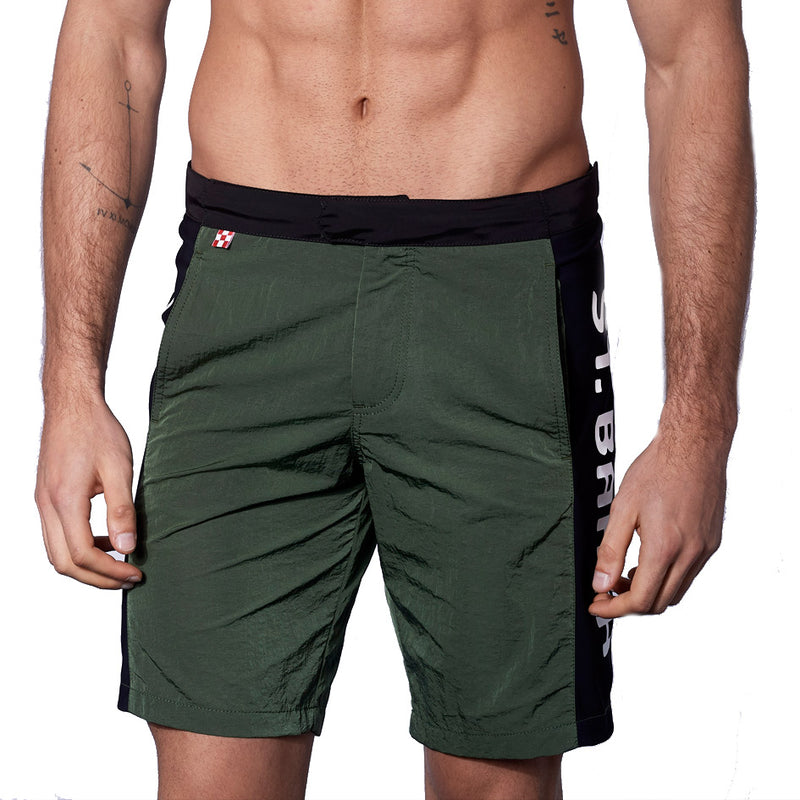 Military green swim shorts with contrast lateral band