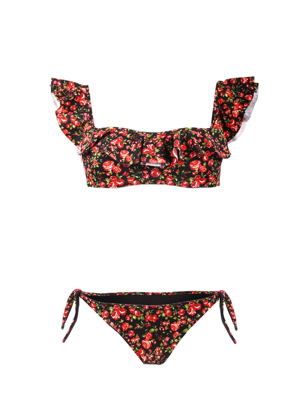 Bikini a fascia con volant stampa fiori