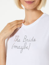T-shirt da donna in cotone con ricamo The Bride (maybe) in strass
