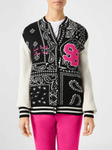 Woman college jacket with bandanna print