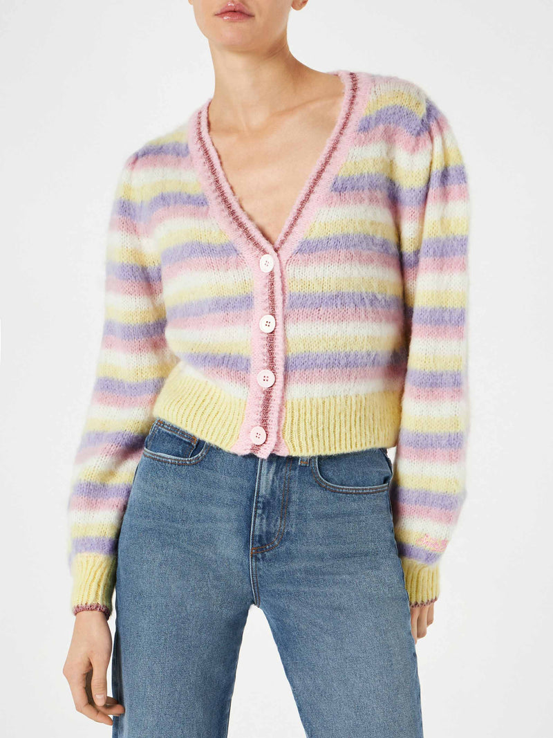 Brushed knit crop cardigan with puff sleeves and lurex details