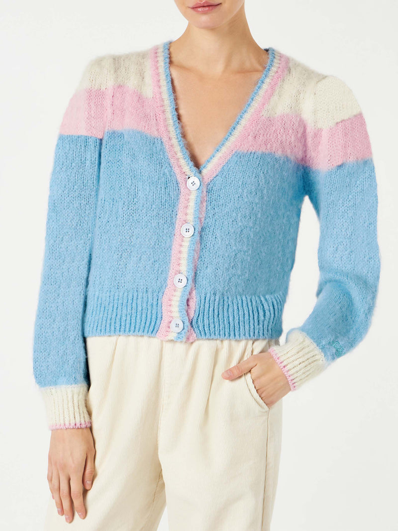 Brushed knit crop cardigan with puff sleeves