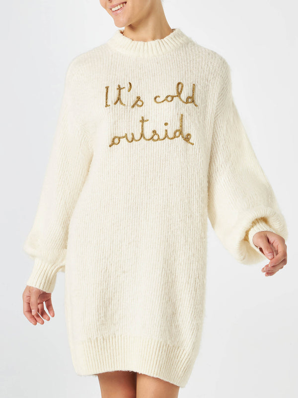 Brushed knit dress with It's cold outside embroidery
