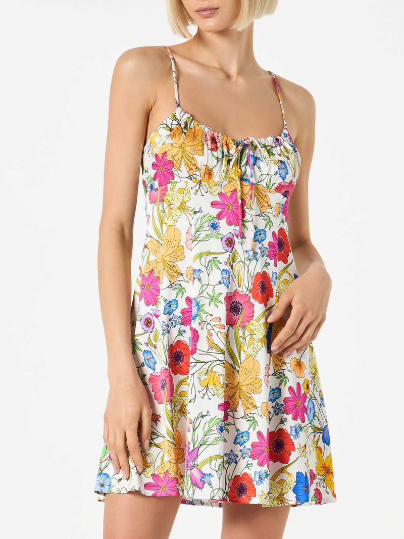 Woman short slip dress Creamy with flower print