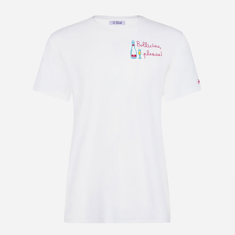 T-shirt da donna in cotone con ricamo Bollicine please! 