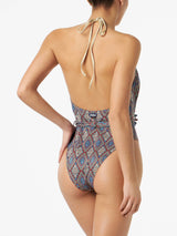 Woman one piece knitted swimsuit with ethnic print