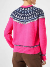 Woman fluo pink crewneck nordic jacquard sweater