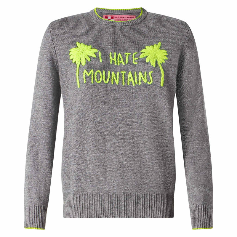 Woman grey sweater yellow fluo I hate mountains embroidery