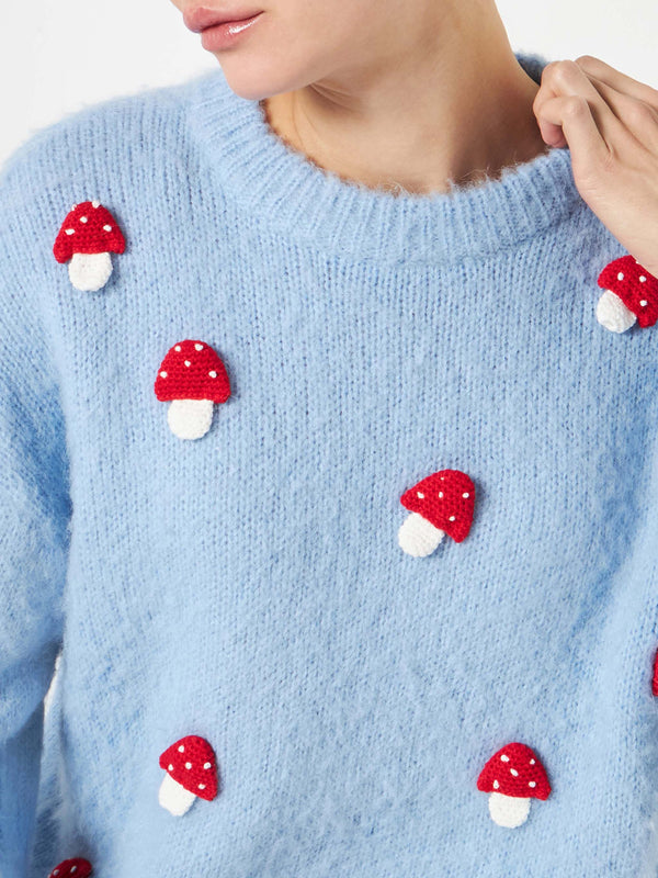 Woman brushed crewneck sweater with mushroom appliqué