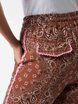 Woman linen pants with brown bandanna print