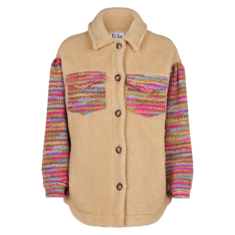 Woman sherpa overshirt with crochet details