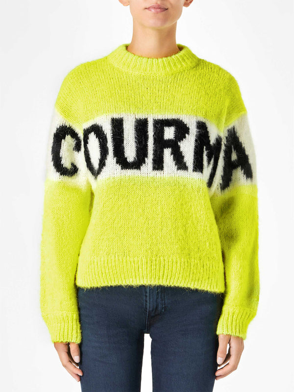 Woman fluo yellow brushed crewneck sweater