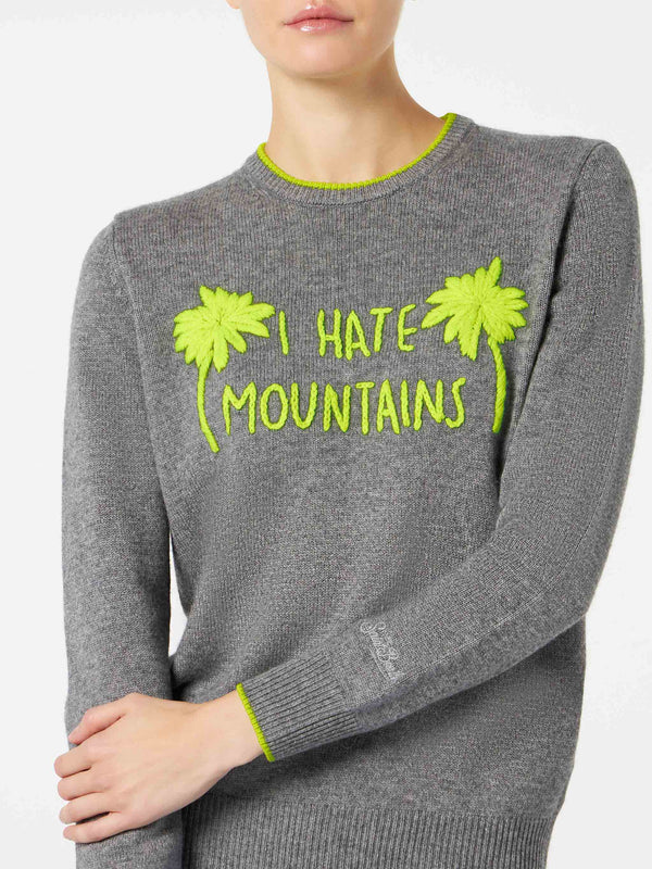 Damen-Pullover, grau, Fluo-Gelb, I Hate Mountains-Stickerei