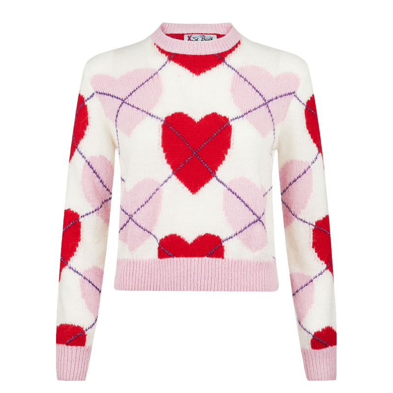 Woman brushed cropped sweater with heart pattern