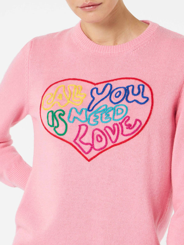 Woman pink sweater All you need is love embroidery