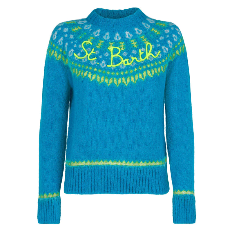 Woman light blue crewneck nordic jacquard sweater