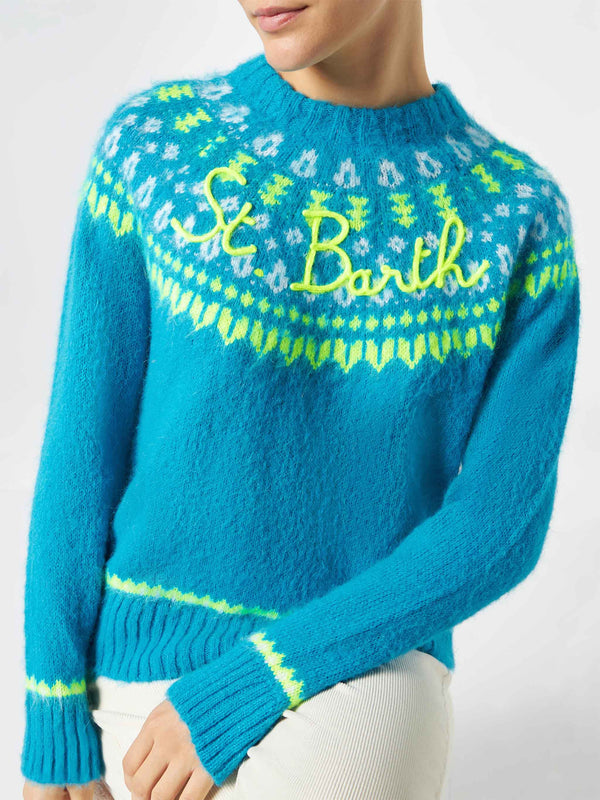 Woman light blue crewneck nordic jacquard sweater