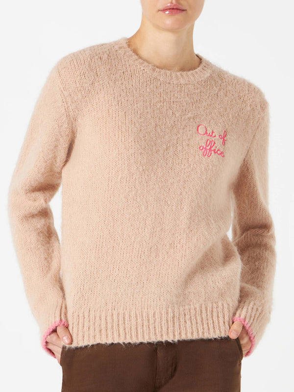 Woman beige brushed sweater with embroidery