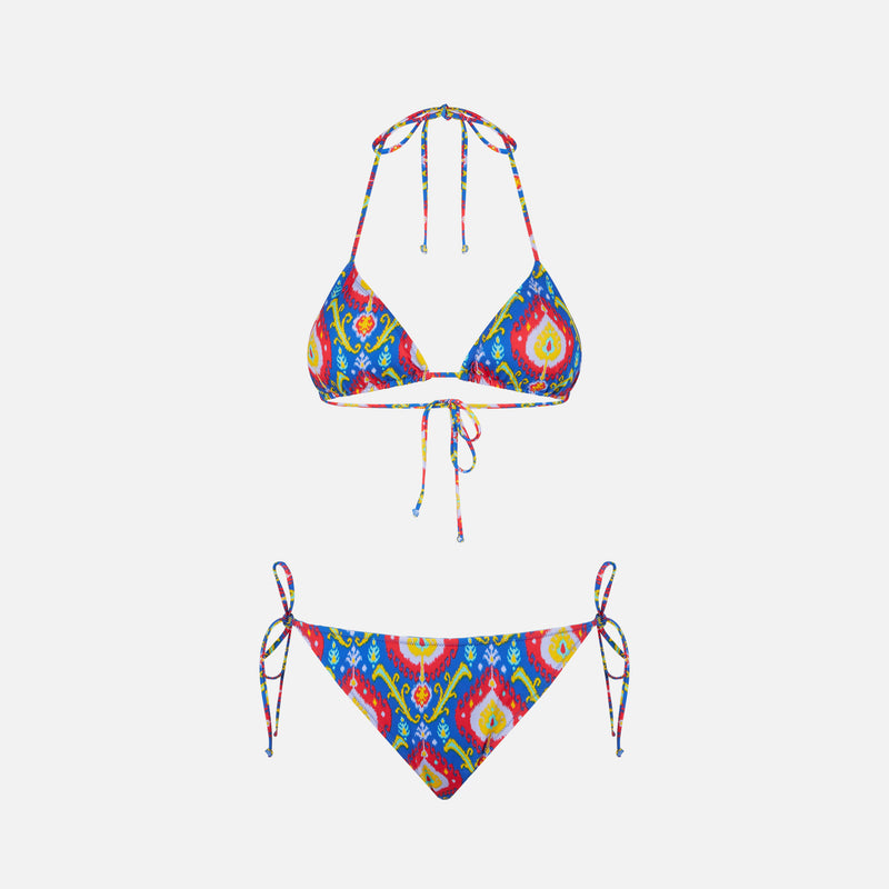 Woman triangle bikini with ikat print