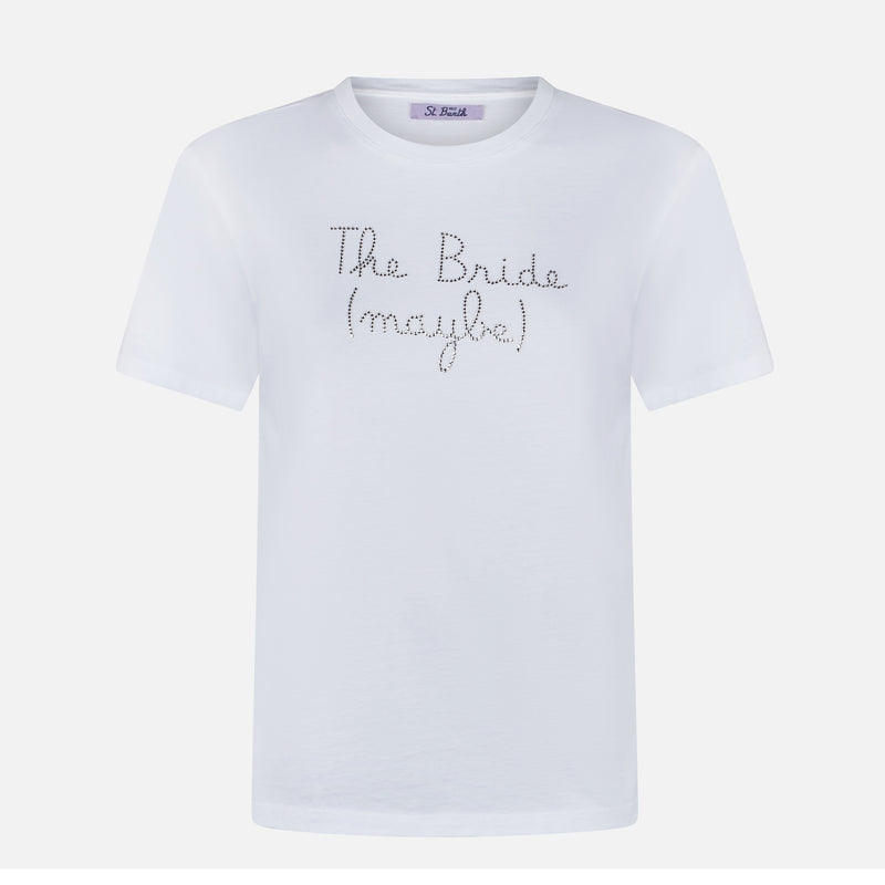 T-shirt da donna in cotone con ricamo The Bride (maybe) in strass