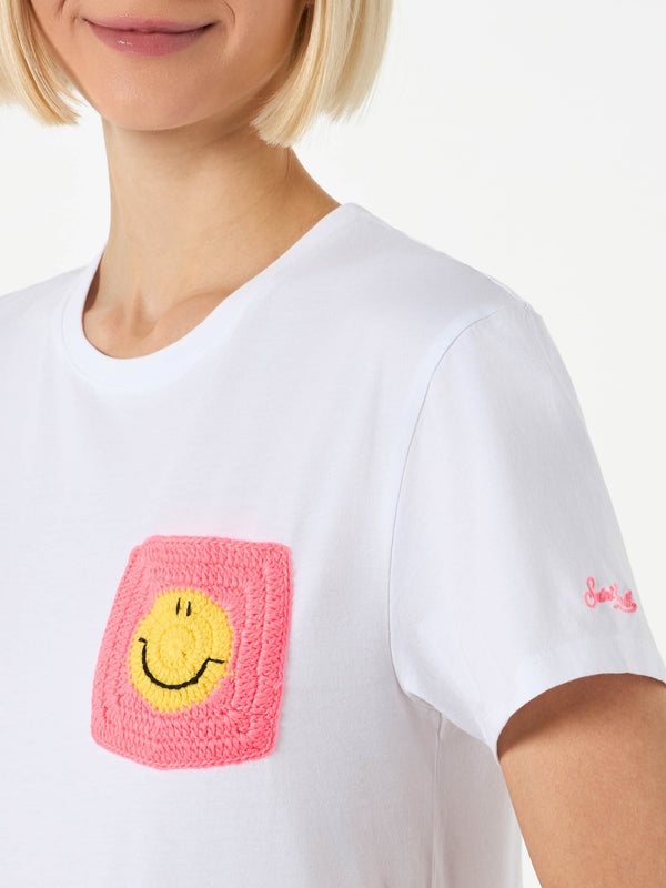 Woman cotton t-shirt with smile crochet pocket