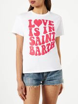 T-shirt da donna in cotone con scritta Love is in Saint Barth