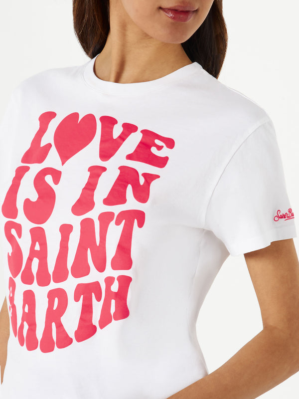 T-shirt da donna in cotone con scritta Love is in Saint Barth