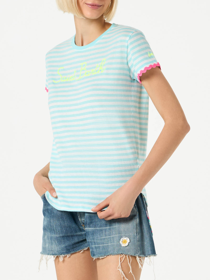 Woman striped t-shirt with Saint Barth embroidery