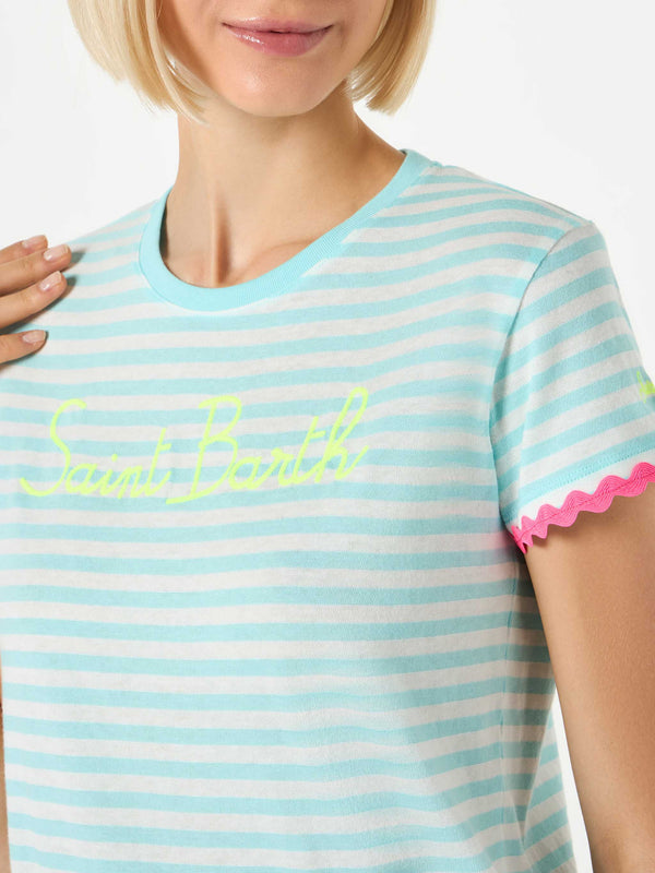 Woman striped t-shirt with Saint Barth embroidery