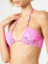 Woman pink bandeau bikini with bandanna print