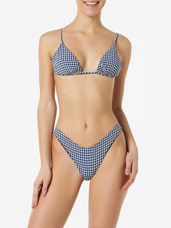 Woman crinkle triangle bikini with blue gingham print