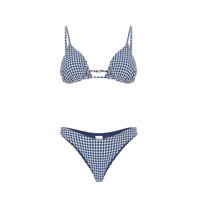 Woman crinkle triangle bikini with blue gingham print