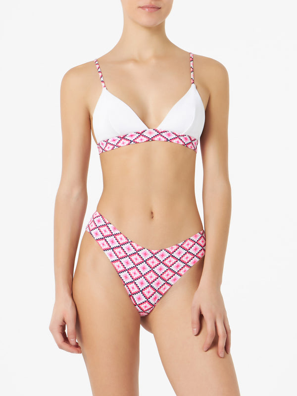 Woman triangle bikini with geometric pattern